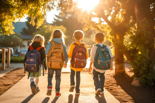 A group of young children walking together, embodying friendship. Back-to-school concept. First day of school, in morning sun, view from behind
