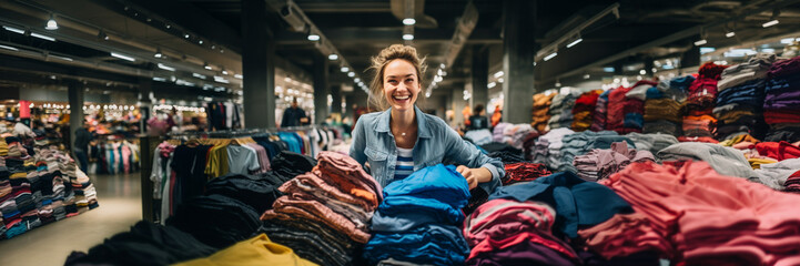 Woman smiling happy in clothing store with black friday special offer - obrazy, fototapety, plakaty