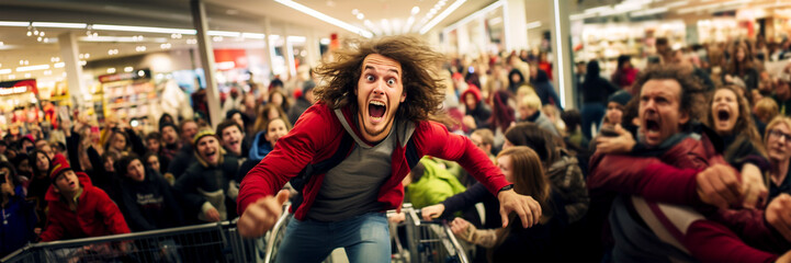 Man excited happy in shopping center in crowd for black friday special offer