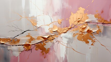 A painting with gold leaves on a pink background. Imaginary digital background.