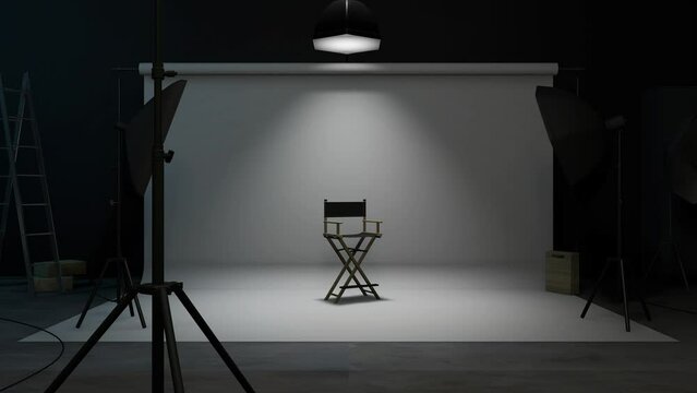 turning lights on at empty recording studio with empty director chair in center. Camera zoom.