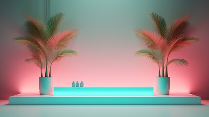 Wall for your announcement with neon lighting and palm leaves. AI Generation 