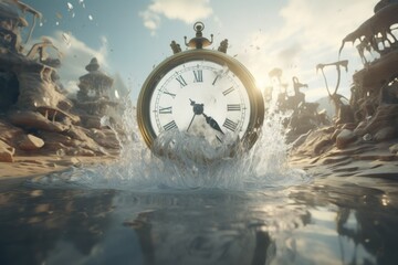 Time's Splash: Chronometer Bursting Through Water - obrazy, fototapety, plakaty