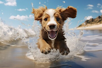Sunny Shorelines: 8K Photorealistic Puppy Fetch