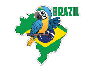 Vector sticker with Blue-and-yellow macaw ara parrot and Brazil map