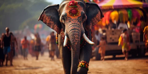 Rolgordijnen Vibrantly dressed elephant during a festival. © MADMAT