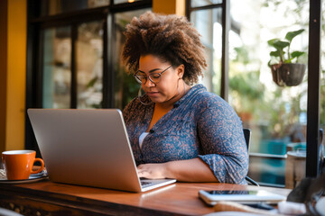 Full figured African American woman working from home on a laptop computer - obrazy, fototapety, plakaty