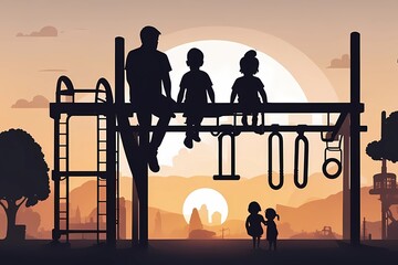 Silhouette of a family playing in a playground at sunset. Illustrating the concept of parental supervision in a fun and relatable way.