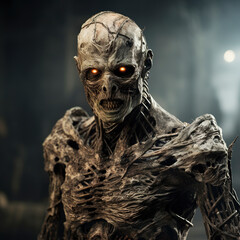 A zombie humanoid with grayish skin with old body parts and skin. A humanoid half-man in closeup resembling a zombie.