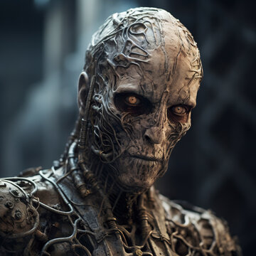 A zombie humanoid with grayish skin with old body parts and skin. A humanoid half-man in closeup resembling a zombie.