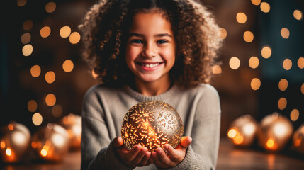 Selective focus of a girl holding a Christmas ball in her hands. Generative AI