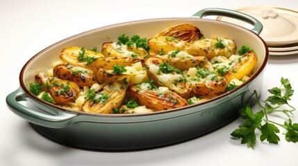 A dish with potatoes and parsley on a table. Imaginary food photo.