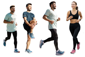 Obraz premium Collage athletes friends. People are a woman and a man fitness trainer running instructor. Runners are friends in full-length sportswear.