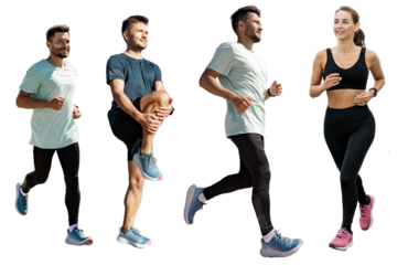 Collage athletes friends. People are a woman and a man fitness trainer running instructor. Runners are friends in full-length sportswear.