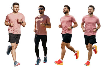 Collage of a running male athlete practicing running. A sporty man in sportswear and full-length...