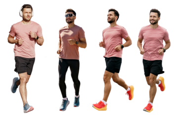 Collage of a running male athlete practicing running. A sporty man in sportswear and full-length sneakers. People warm up fitness.