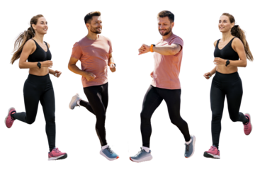 People are a woman and a man fitness trainer running instructor. Runners are friends in full-length sportswear. Uses fitness watches and running shoes.