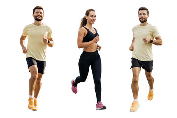 People are a woman and a man fitness trainer running instructor. Runners are friends in full-length sportswear. Uses fitness watches and running shoes.