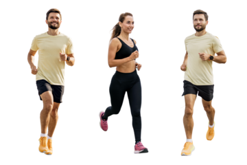People are a woman and a man fitness trainer running instructor. Runners are friends in full-length sportswear. Uses fitness watches and running shoes.