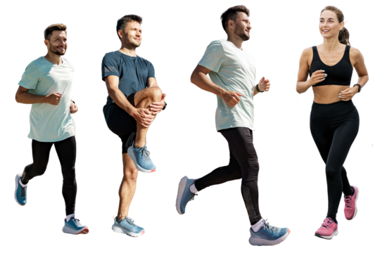 Collage athletes friends. People are a woman and a man fitness trainer running instructor. Runners are friends in full-length sportswear.