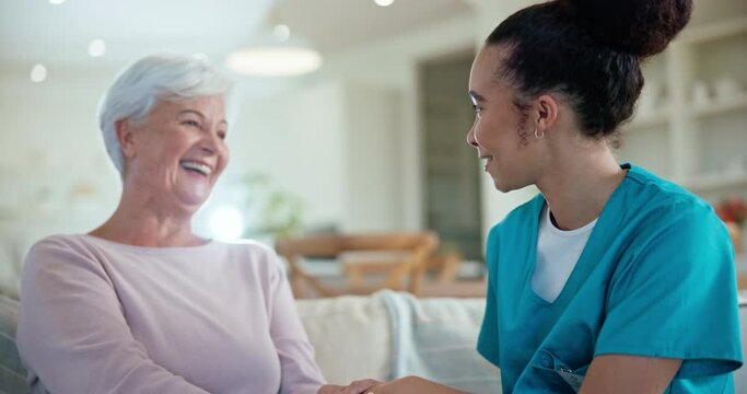 Support, conversation and senior happy woman with nurse for healthcare, elderly care or patient consultation. Holding hands, retirement home and mature person discussion with caregiver on lounge sofa