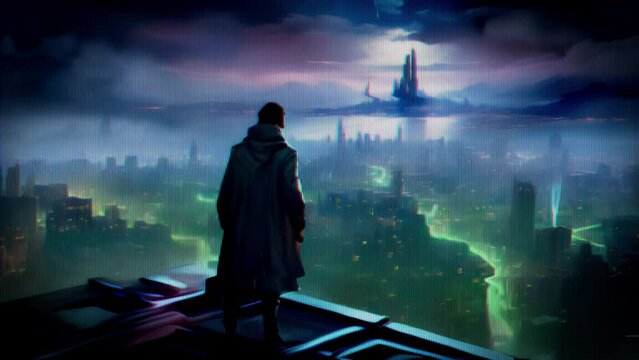 The operative stands on top of a skyser, overlooking a sprawling, neonlit cyberpunk cityscape. Their presence signifies the omnipresent control megacorporations exert over societys every