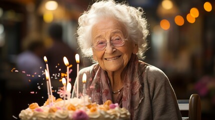 elderly woman with birthday cake