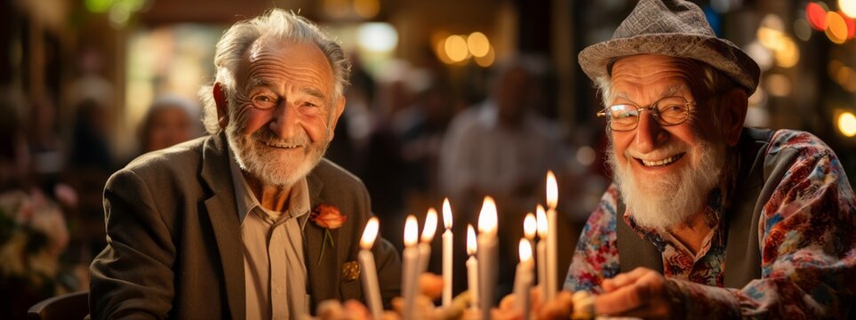 elderly friends celebrating birthday with cake
