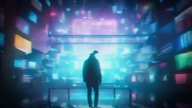 Surrounded by flickering neon lights, the merchant presents a holographic projection of an encrypted data chip containing classified information, tempting potential buyers with its potential