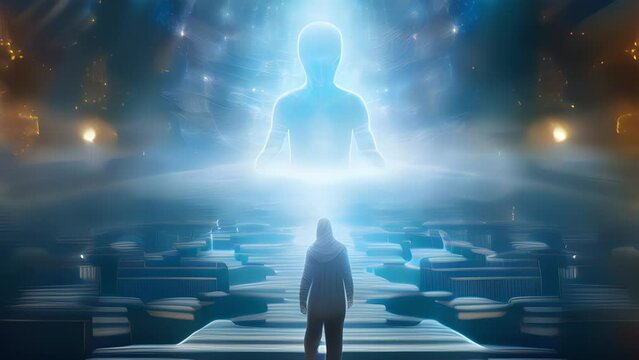 Floating above a maze of towering skysers, the cyberreligious leader delivers sermons of enlightenment and selftransformation through embracing cybernetic enhancements.