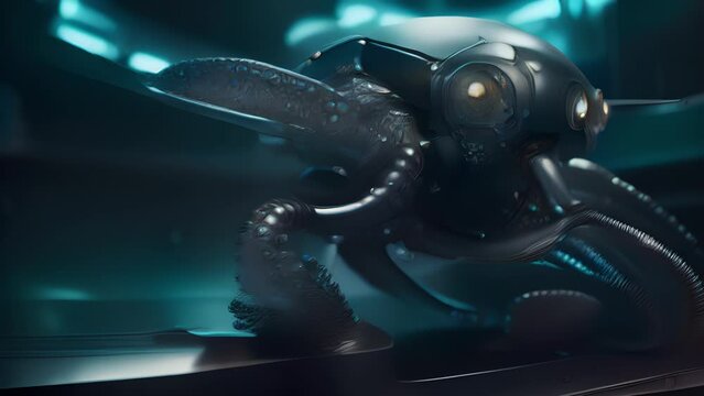 A cybernetic octopus with robotic tentacles, each armed with razorsharp metallic tips and miniature thrusters for underwater agility.