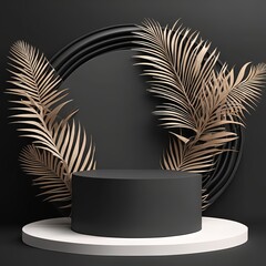 black podium with black leaves on the background of the white color with black and gold color....