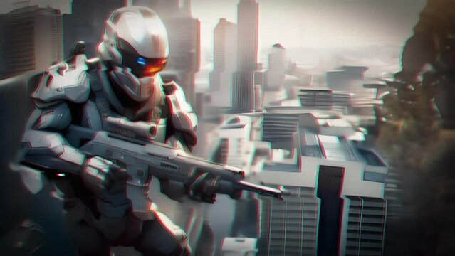 Positioned on a desolate city rooftop, a combat cyborg scans the surroundings using advanced targeting systems built into its helmet, its armmounted miniguns revving up to unleash a torrent