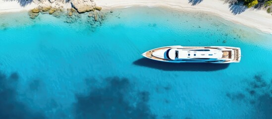 A drone captures a wide photo of a luxe yacht near a beautiful beach