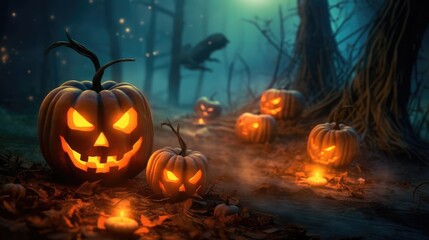 Obraz premium Halloween burning pumpkin smile and scary eyes for party. Close up view of scary Halloween pumpkin, day of the dead.