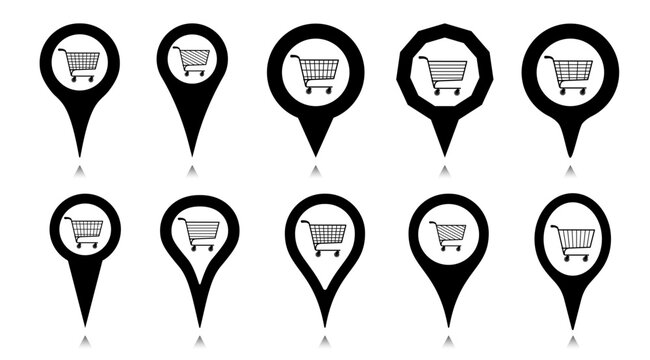 Location pin mark with shopping cart vector set. Map markers with shopping trolley to use in e-commerce, online shopping cart, web commerce design projects.
