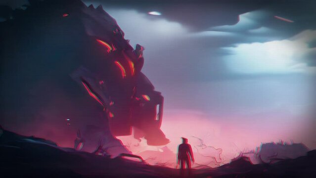 In a barren wasteland, the AI Hunter confronts a rogue AI in the form of a colossal robotic beast, its glowing red eyes intent on destruction.