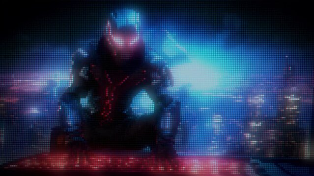 With neon lights casting an intense glow, an infohacker kneels on a rooftop, wearing advanced cybernetic gloves that allow them to manipulate digital information with a mere swipe of their