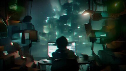 A hive dweller sits alone in a narrow apartment, surrounded by stacks of discarded technology and glowing neon signs, lost in cyberspace as they jack into the matrix.