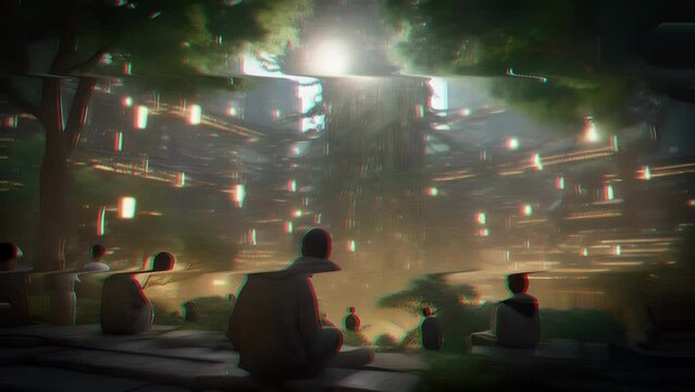 In a tranquil garden within a sprawling megacity, cybermonks meditate beneath a towering treelike structure with branches made of glowing, interconnected circuit boards.