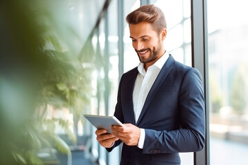 Portrait of a caucasian male businessman executive using a tablet computer in a bright modern office with green plants