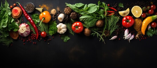 Top view of food ingredients on black slate table with spices herbs and vegetables © AkuAku