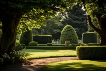 Garden with trees, park with shrubs and green lawns, landscape design