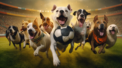 Group of dogs playing soccer in soccer stadium. Stadium full of people with flags. Dramatic lighting. Dark orange color palette. Cinematic perspective. Soccer scenes. Front view.