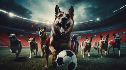Group of dogs playing soccer in soccer stadium. Stadium full of people with flags. Dramatic lighting. Dark red color palette. Cinematic perspective. Soccer scenes. Front view.