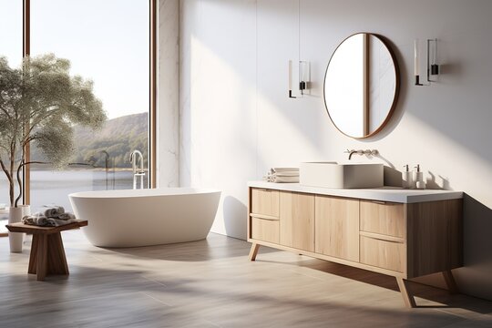 Modern bathroom with wooden and white marble details
