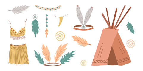 Hand drawn elements, tribal jewelry and feathers. Hats, clothing and housing of a wild tribe. Poster design, flyer. Vector illustration.