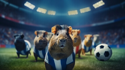 Group of guinea pigs playing soccer in soccer stadium. stadium full of people with flags. Dark blue color palette. Cinematic perspective. Soccer scenes. Front view. - obrazy, fototapety, plakaty