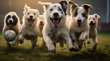 Group of dog puppies playing soccer in soccer stadium. stadium full of people with flags. All-white color palette. Cinematic perspective. Soccer scenes. Front view.