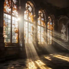 Poster  Rays of bright light passing through the windows of an old abandoned castle. Beautiful home interior, gothic setting, natural light. Medieval cathedral style © Bettina